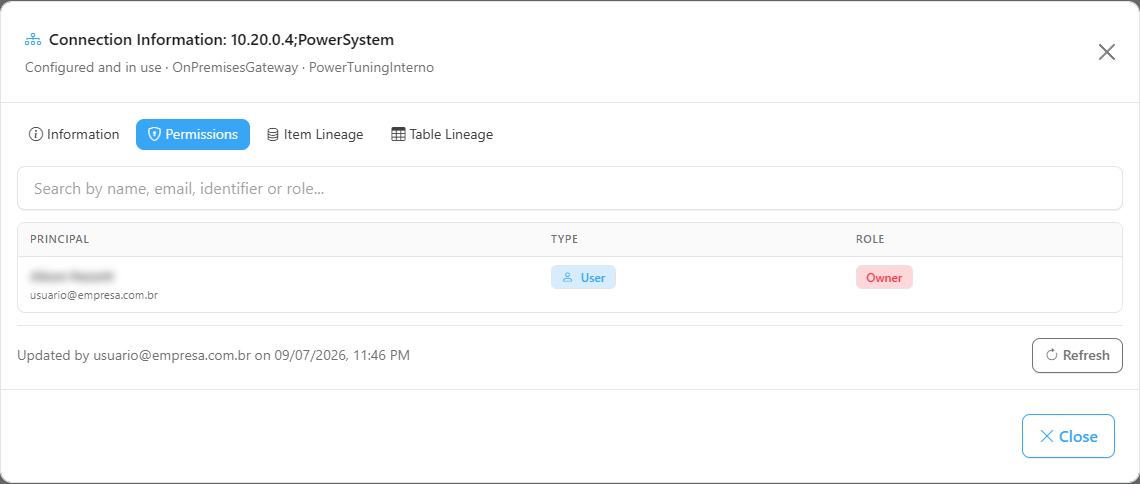 Permissions tab of the connection modal with the search and the Principal, Type and Role table