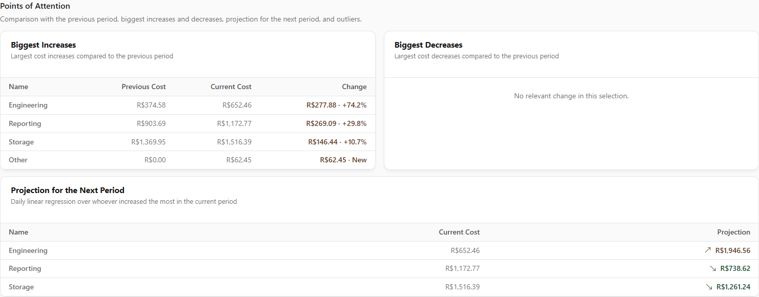Points of Attention section with biggest increases, decreases and projection