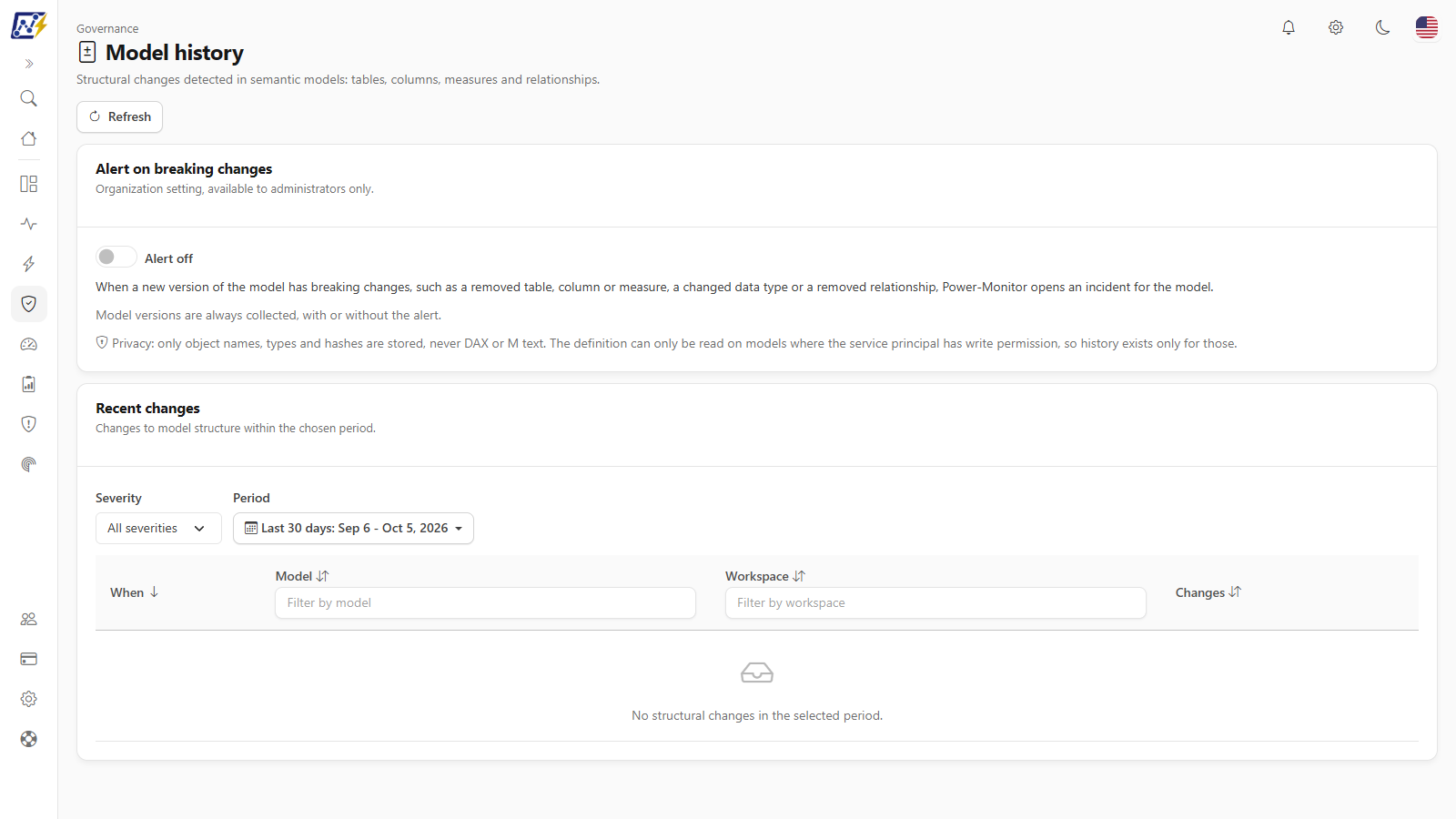Model History screen with the breaking-change alert card, the severity and period filters and the Recent changes list