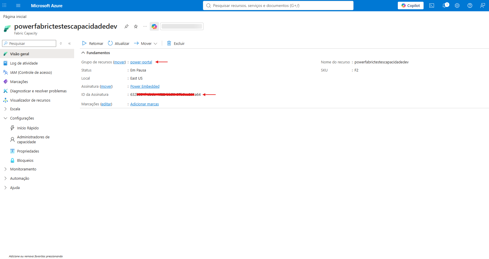 Capacity overview in the Azure portal with subscription and resource group