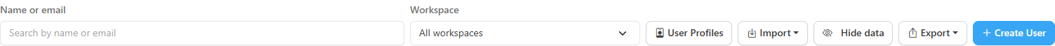 Filter bar of the Users screen with the Name or email field, the Workspace list and the action buttons