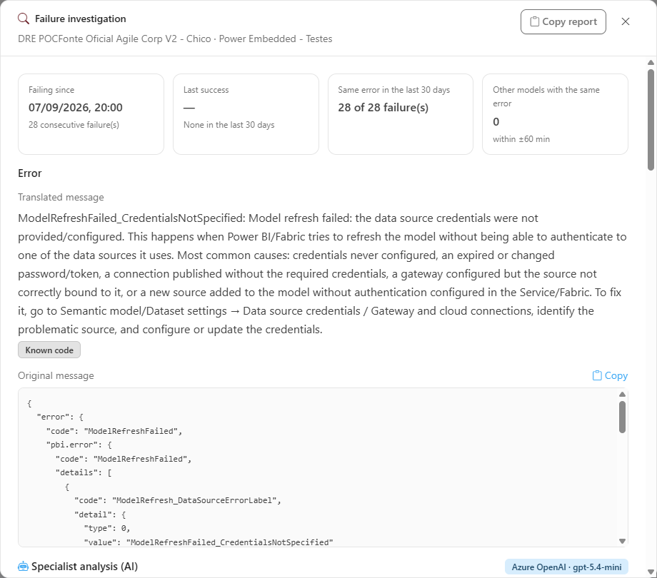 Failure investigation modal with the summary, the translated and original error, the specialist AI analysis, and the technical context