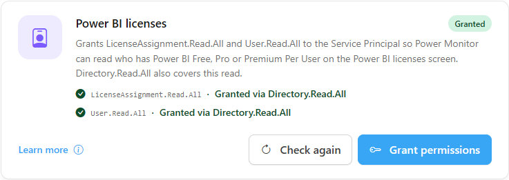 Power BI licenses card with the status of the LicenseAssignment.Read.All and User.Read.All permissions