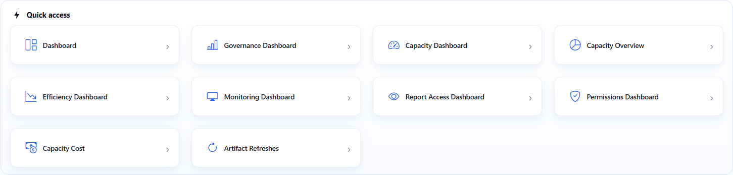 Quick access panel on Home with shortcuts to the dashboards