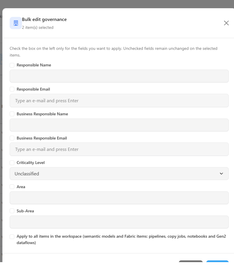 Bulk edit governance modal with the field inclusion checkboxes and the selected items bar
