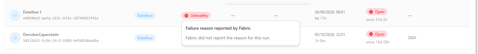 Panel over the Unhealthy chip with the error category, the explanation, and the original Fabric message