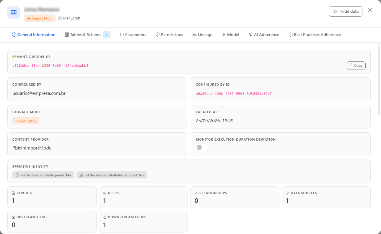 General Information tab of the semantic model modal with VertiPaq technical details