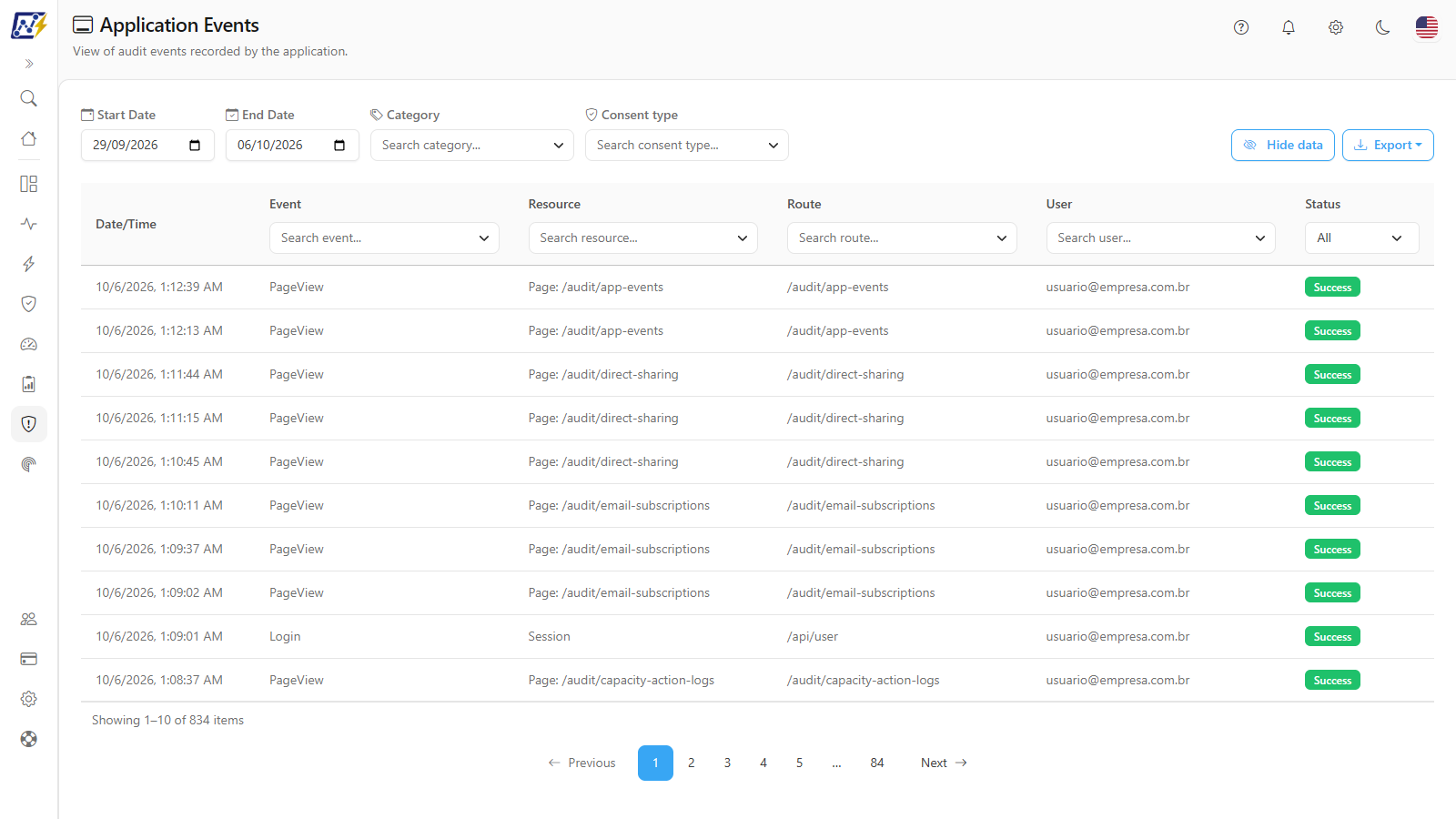 Application Events screen with date filters and the list of events