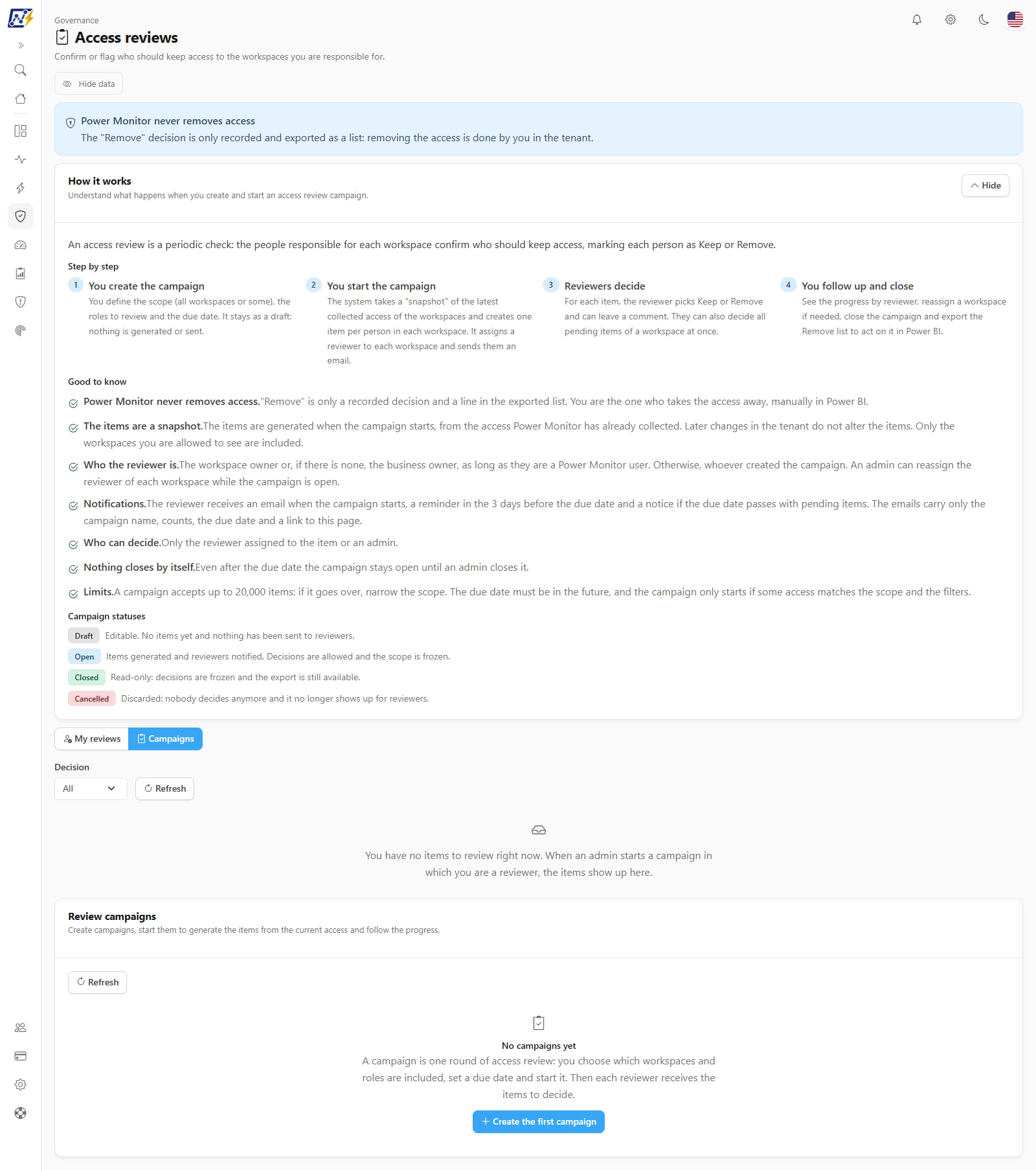 Campaigns tab with the list of campaigns, their statuses, scope, due date, items and the New campaign button