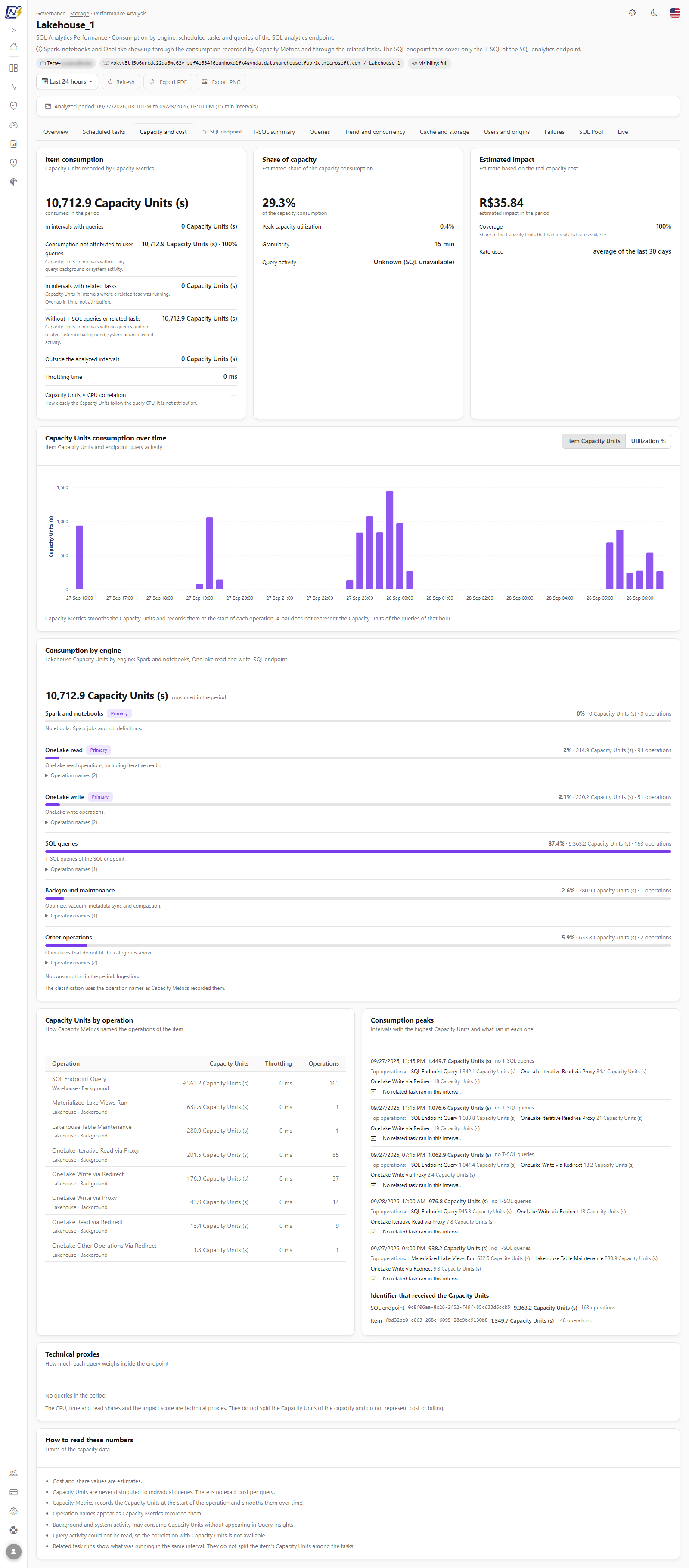 Capacity and cost tab with the consumption, share and estimated impact cards, the consumption chart and the peaks