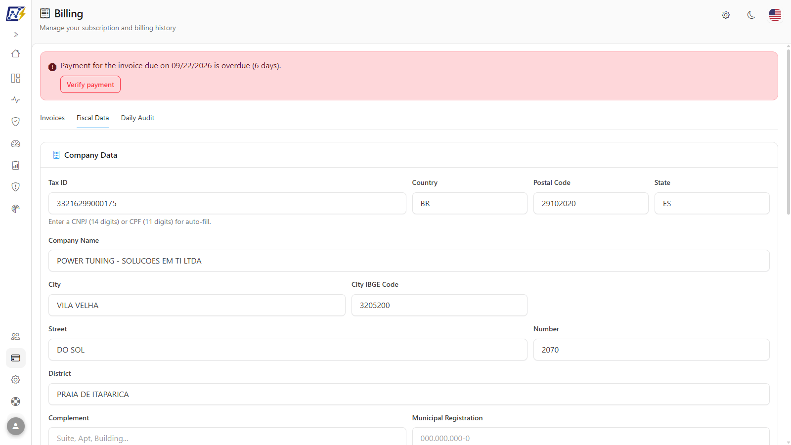 Fiscal Data tab with company data and billing settings