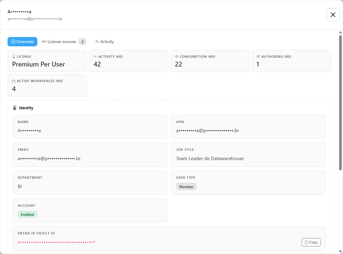 Details modal of a user with the License and Active workspaces 90d indicators and the Identity, License and Findings sections
