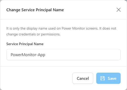 Change Service Principal Name modal