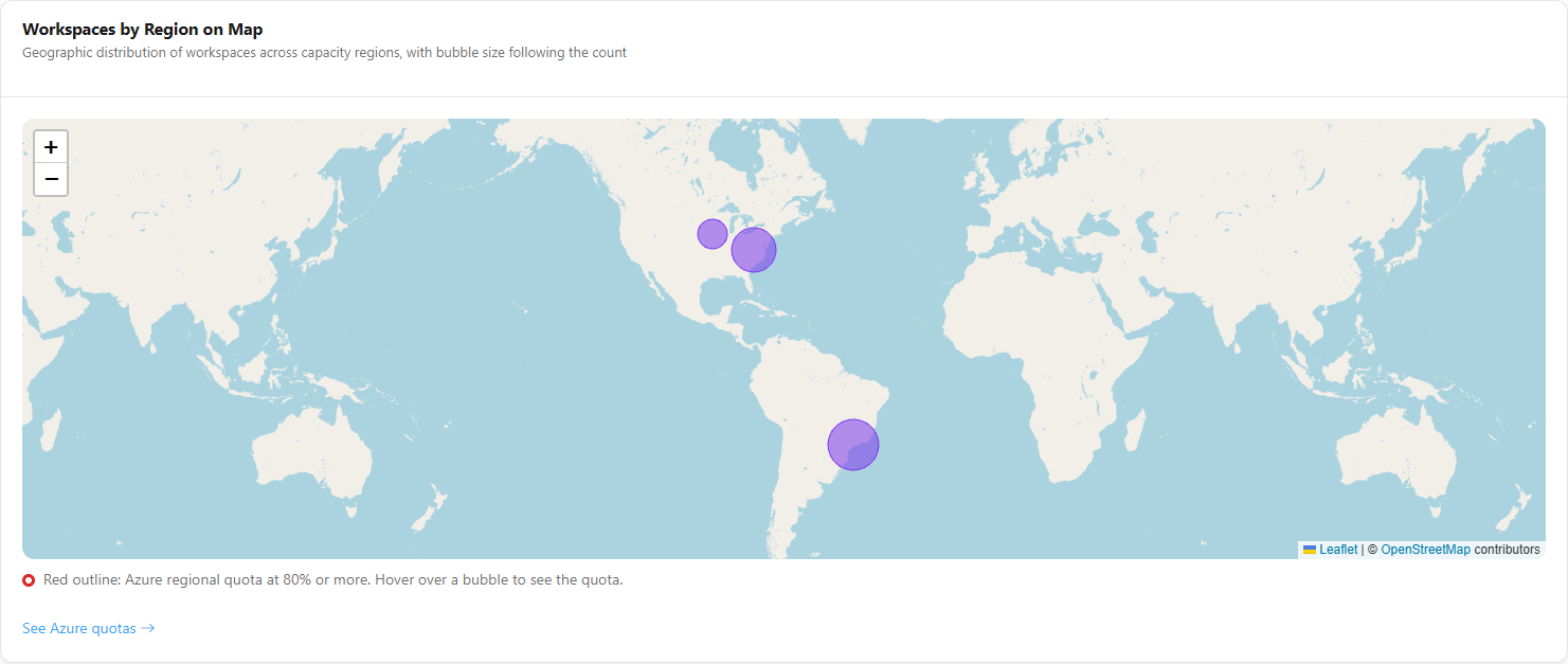 Map with bubbles per Azure region proportional to the number of workspaces