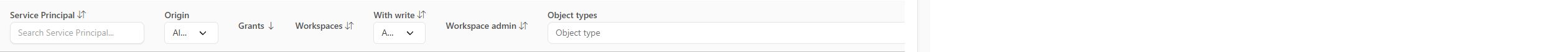 List header with the search, Origin, With write and Object types