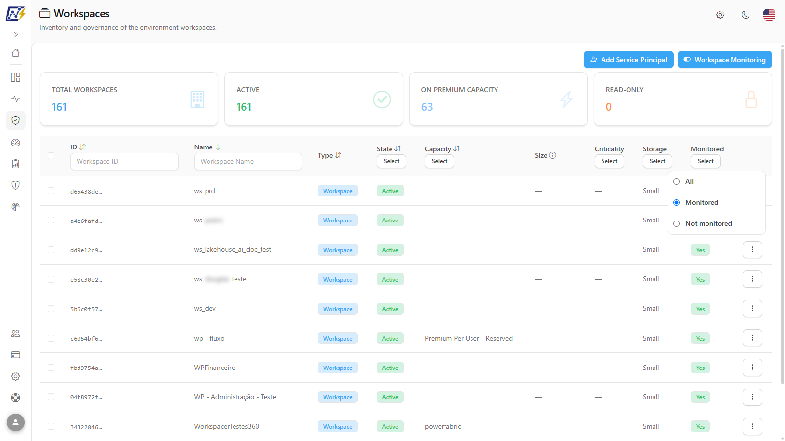 Monitored filter list open with the All, Monitored and Not monitored options