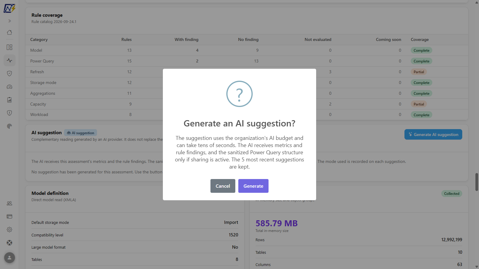 Generate an AI suggestion dialog with the explanation of budget consumption and of what is sent