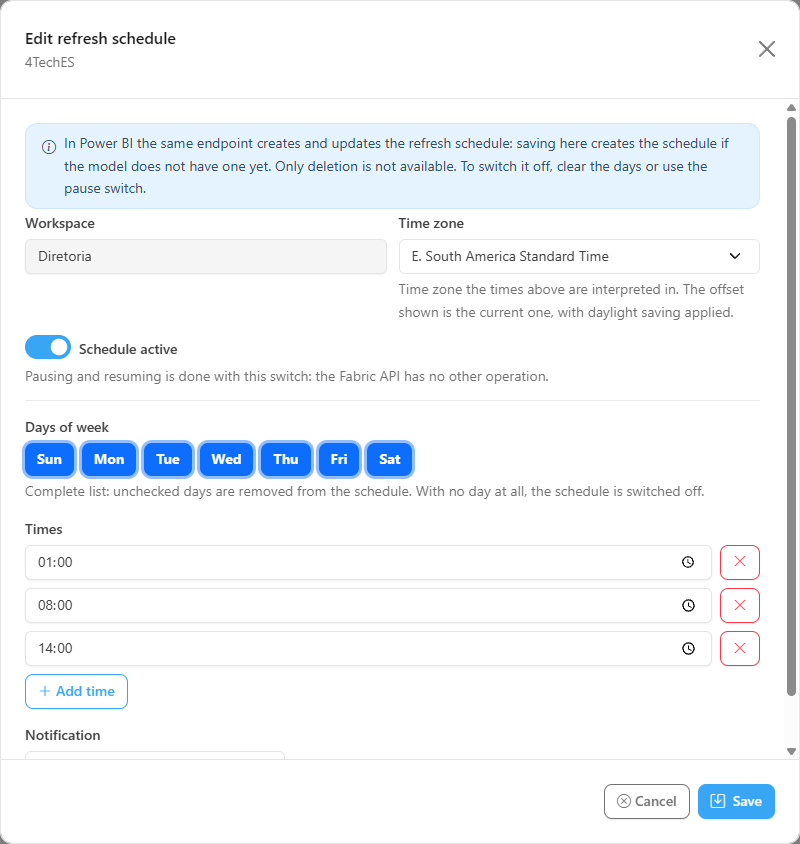 Edit refresh schedule form for a semantic model with days of week, times and notification