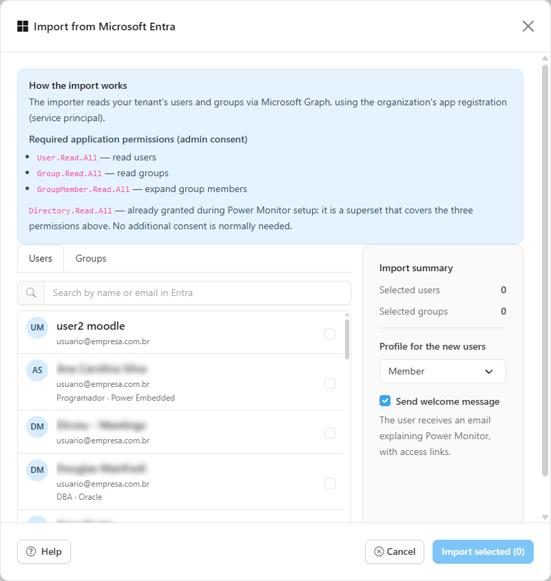 How the import works box with the required Microsoft Graph permissions